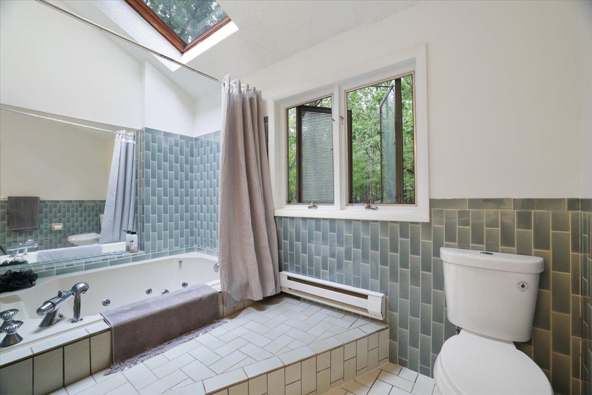 Primary bathroom Jacuzzi tub beneath a skylight