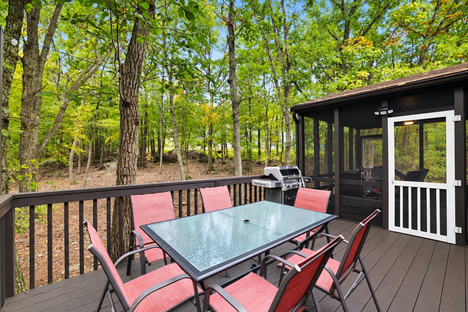 Outdoor dining deck beside the screened room in a wooded setting